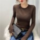 网纱内搭长袖 咖色圆领打底衫 女2025新款 薄纱透视t恤薄上衣高级感
