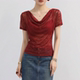 微透网纱低领镂空上衣 独特薄款 红色荡领蕾丝短袖 t恤女夏2026新款