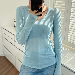 蓝色U领超好看t恤网纱罩衫春款上衣女时尚洋气时髦微透薄纱打底衫