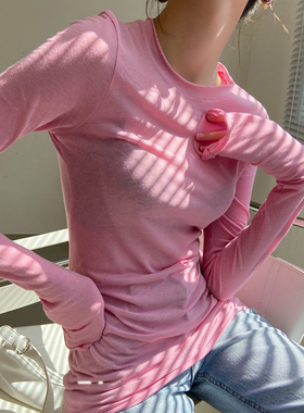粉色圆领t恤打底衫女新款防晒罩衫长袖早秋巨好看高级感上衣薄款