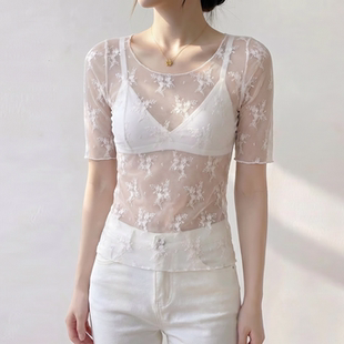 白色低领网纱蕾丝半袖女款2026新款薄款打底衫内搭修身中袖t恤夏