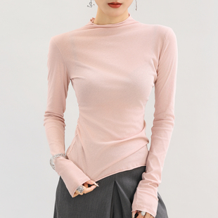 纯棉长袖 洋气超好看精致修身 上衣 女内搭显瘦时尚 粉色半高领打底衫