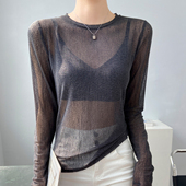 高级感黑色透视轻薄长袖 网纱打底衫 女高端超好看透明防晒罩衫 上衣