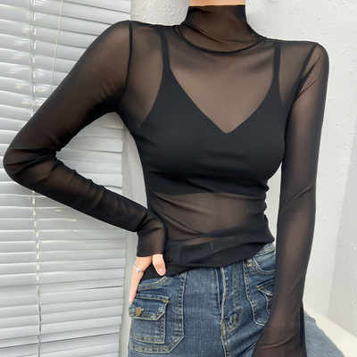 黑色高领高端网纱上衣高级感性感