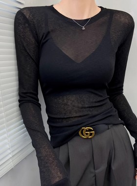 黑色打底衫女高端高级感修身罩衫薄纱网纱上衣蕾丝内搭长袖t透视