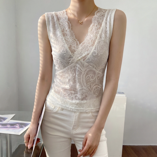 白色v领无袖蕾丝吊带背心女夏季