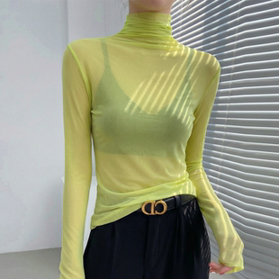 绿色高领内搭绝美打底衫 叠穿女堆堆领上衣高级感 蕾丝网纱透视长袖