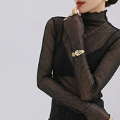 黑色高领2026新款 女轻奢高级感独特漂亮超火亮丝上衣薄 蕾丝打底衫