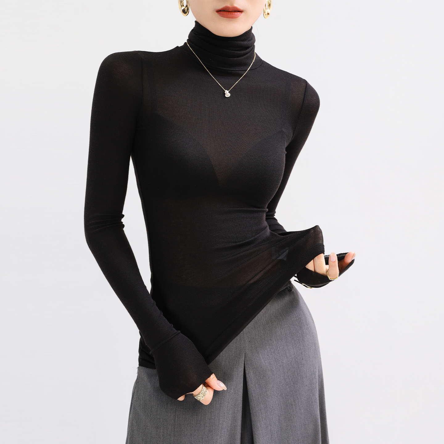 高领黑色打底衫女秋冬修身微透