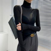 高端欧货洋气打底衫 女秋冬高级感黑色内搭薄款 微透高领堆堆领上衣
