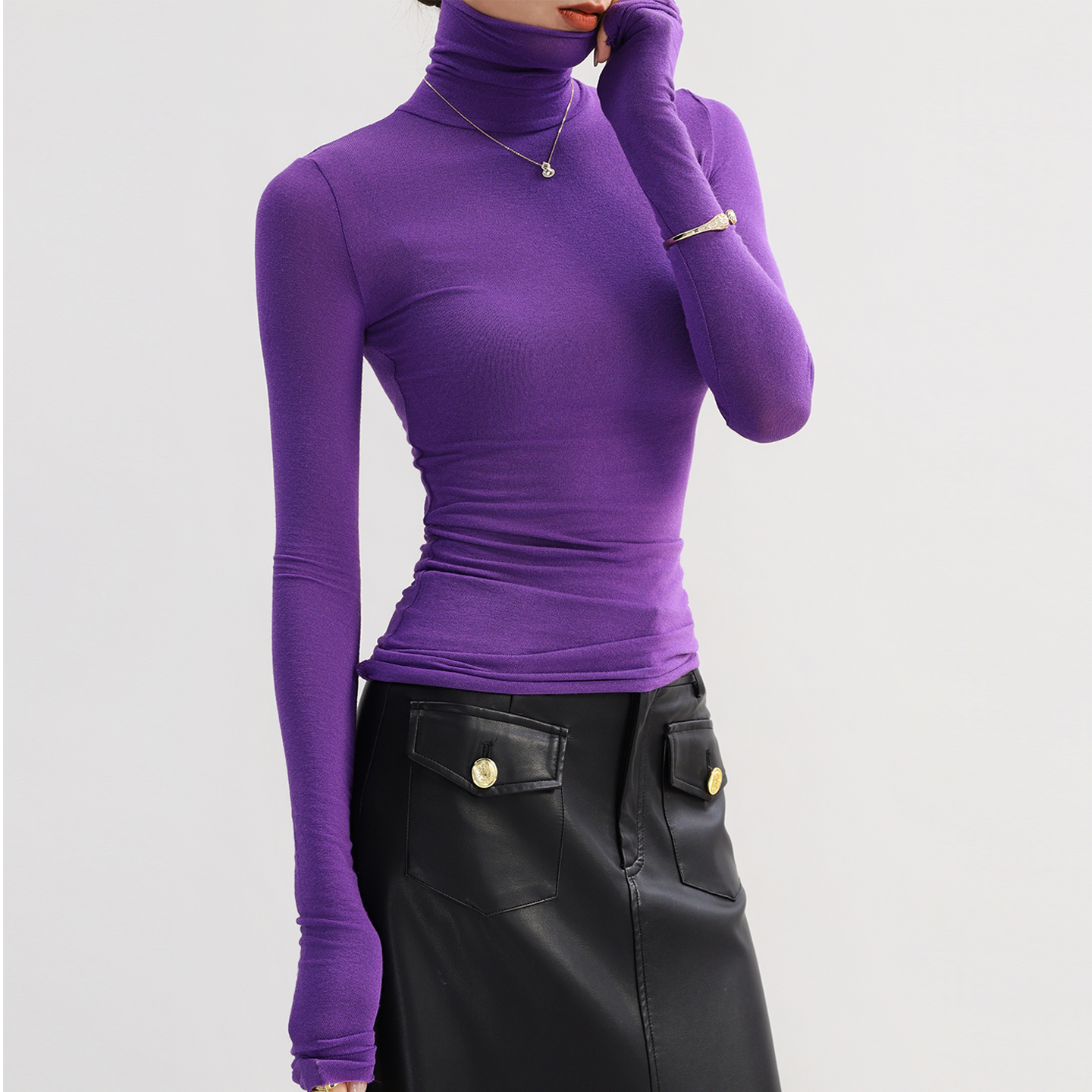 高领紫色打底衫女秋冬内搭高级感