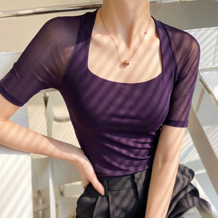紫色方领网纱短袖t恤女2026夏新款独特漂亮超好看高级感修身上衣
