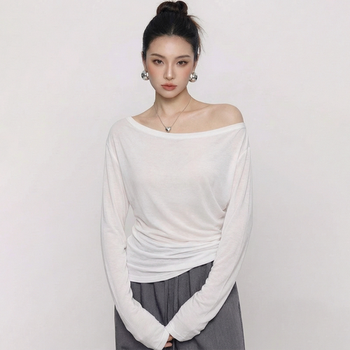 白色斜肩长袖t恤女2026新款外穿
