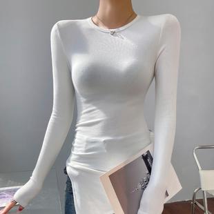 白色中长款磨毛打底衫高级感时尚内搭紧身不规则上衣女遮屁股显瘦