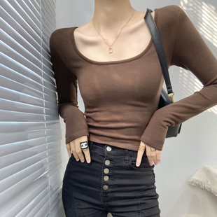 美拉德咖色方领打底衫女带胸垫内搭可外穿高级感加绒加厚磨毛上衣