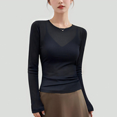 高端网纱上衣高级感打底衫 修身 女早秋薄 t恤2025新款 微透黑色长袖