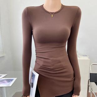 咖色圆领中长款超好看打底衫女冬高级感可外穿内搭遮屁股时尚上衣
