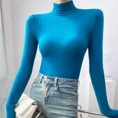 加绒湖蓝色高领垫肩打底衫 洋气高级感磨毛上衣 时尚 女冬季 内搭修身