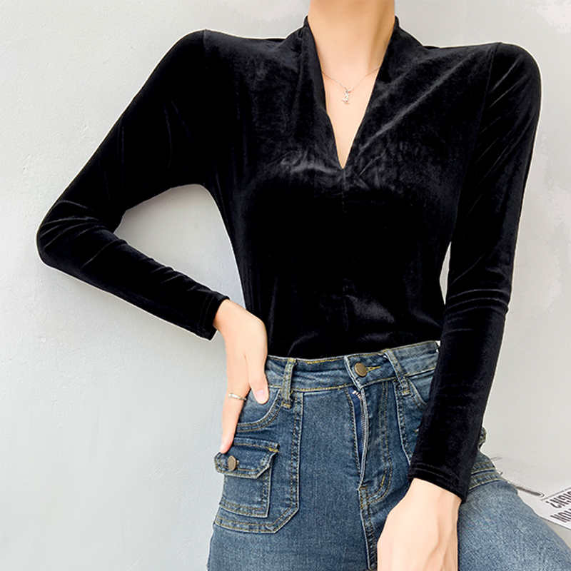 V领打底衫女黑色长袖上衣