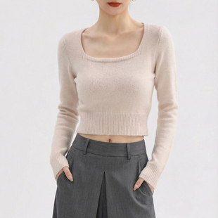 方领羊毛针织打底衫女短款时尚粉色毛衣秋冬内搭可外穿高端上衣冬