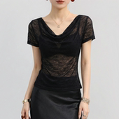 绝美镂空微透网纱低领上衣薄款 黑色荡领蕾丝短袖 t恤女夏2026新款