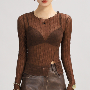 网纱打底衫女高端独特别致罩衫透明绝美蕾丝上衣轻奢高级感长袖薄