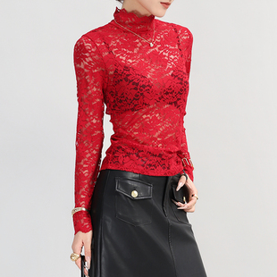 高领镂空蕾丝打底衫内搭花边叠穿红色高端网纱上衣女轻奢高级感透
