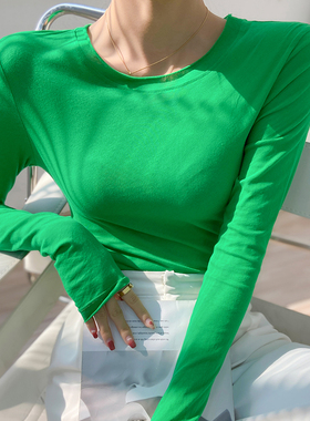 绿色春秋圆领长袖打底衫女2024新款薄款面膜t恤微透多巴胺上衣薄