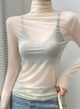 高领打底衫女内搭白色蕾丝透视透明高端网纱上衣高级感堆堆领t恤