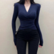 藏蓝色V领长袖 t恤女早秋爆款 交叉设计感巨好看纯欲轻熟上衣高级感