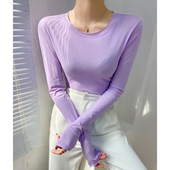 早秋上衣甜辣内搭超好看打底衫 长袖 微透薄款 紫色糖果色t恤女修身
