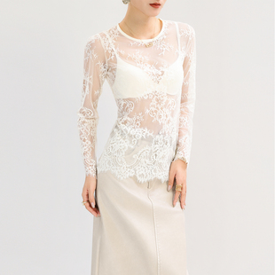 白色圆领蕾丝网纱打底衫女独特别致花边内搭宽松超好看透视上衣薄