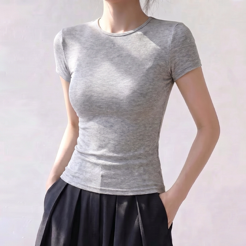 灰色圆领短袖t恤女修身正肩上衣