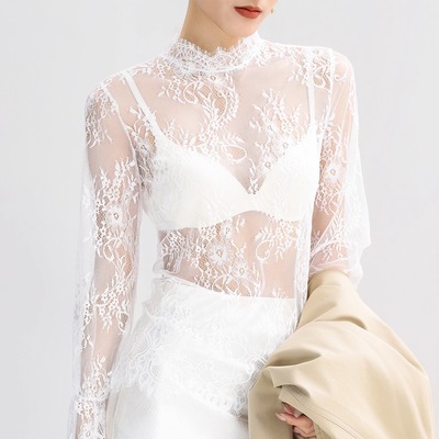白色半高领蕾丝花边打底衫女宽松