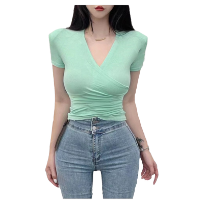 薄款绿色V领正肩短袖t恤女夏