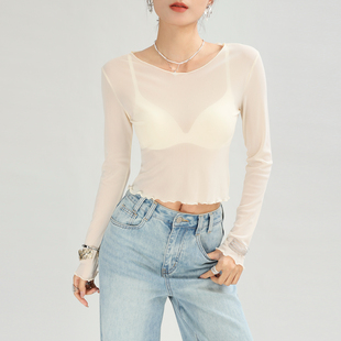 杏色网纱打底衫女高端品牌超好看透视短款内搭薄款透明上衣高级感