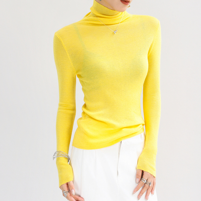 黄色高领高质量羊毛针织打底衫女