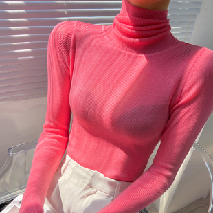 羊毛针织打底衫女高端粉色堆堆领高质量内搭修身薄款微透纯欲上衣