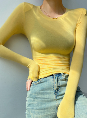 黄色垫肩薄款打底衫女2025新款早秋紧身t恤正肩巨好看轻熟上衣透