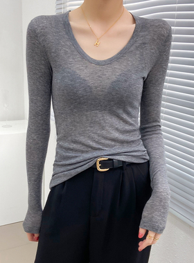 u领灰色低领打底衫女早秋修身高级感网纱上衣高端低领轻熟薄款t恤