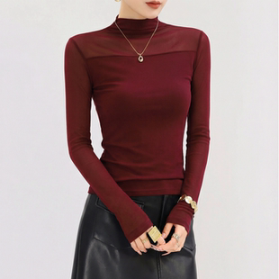 红色半高领蕾丝打底衫女冬加绒加厚内搭可外穿拼接网纱上衣高级感