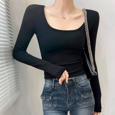 黑色带胸垫方领打底衫女加绒加厚