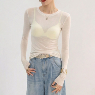 微透修身 薄款 显瘦薄纱高级感t恤 上衣女2026新款 白色圆领防晒罩衫
