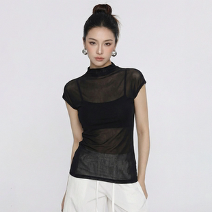 黑色蕾丝短袖t恤女2026新款高级感超好看的修身网纱微透上衣薄款