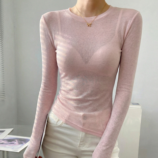 上衣 内搭可外穿独特漂亮高级感微透修身 粉色圆领打底衫 女2026新款