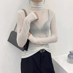高领白色品牌打底衫女正品高档内搭可外穿薄款微透修身上衣高级感