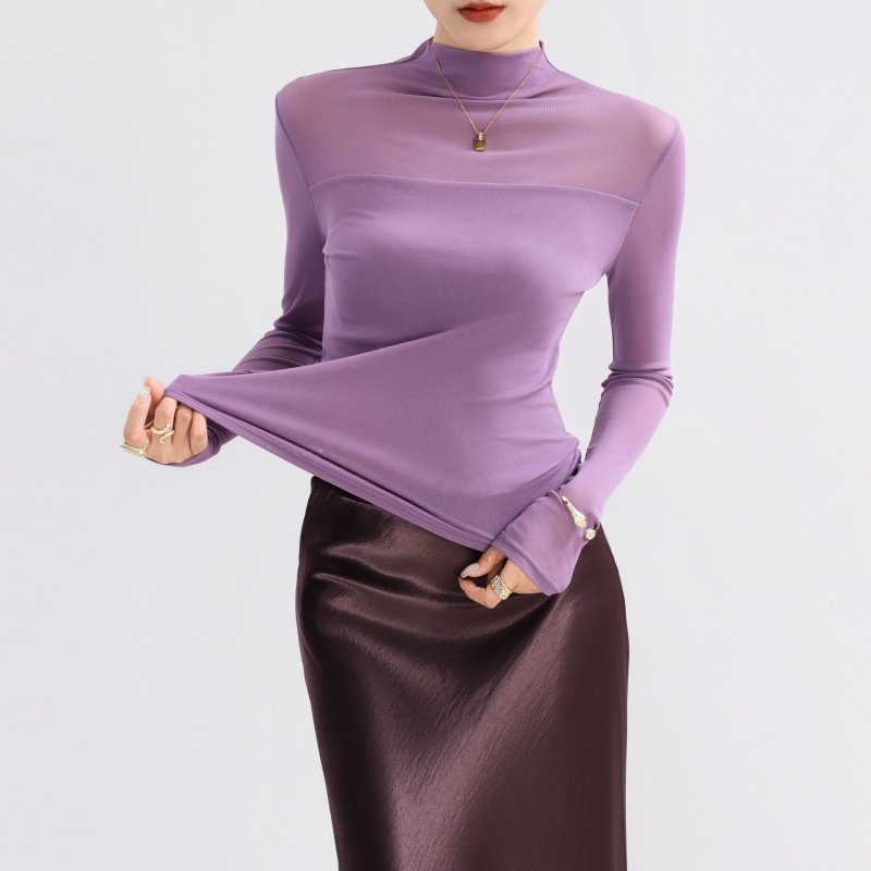 紫色内搭蕾丝打底衫女高端新款半高领巨好看外穿拼接修身网纱上衣,女装/女士精品,T恤,淘宝优惠券,粉丝福利购,淘宝优惠卷