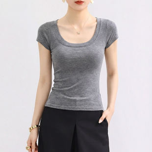 灰色u领短袖t恤女2026新款夏正肩高质量漂亮独特超好看上衣高级感