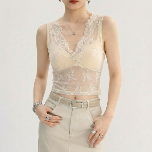 杏色v领蕾丝背心女微透网纱上衣