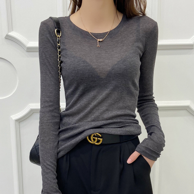 圆领蕾丝打底衫灰色长袖内搭